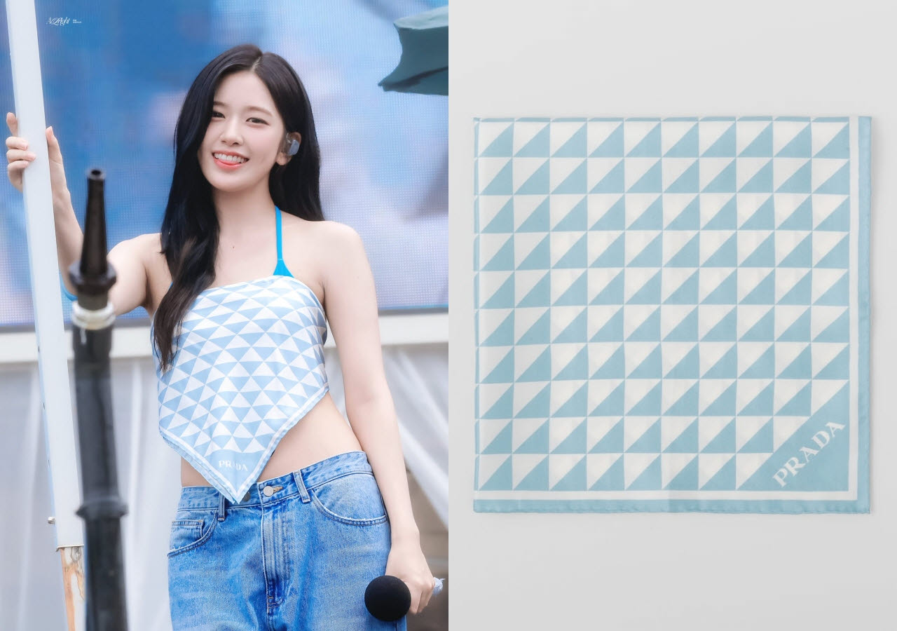 그룹 아이브 멤버 안유진이 지난 16일 경기 용인 에버랜드 캐리비안 베이에서 홀터넥 비키니 톱 위에 하늘색 스카프를 두른 모습(왼쪽)과 해당 프라다 스카프 제품. (사진=X·프라다 홈페이지 캡처)