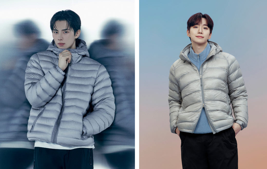 K2의 '에어로스피어 제로'를 입은 배우 이채민(왼쪽)과 네파의 '에어써밋 경량 다운자켓'을 입은 배우 겸 가수 이준호. (사진=K2·네파)