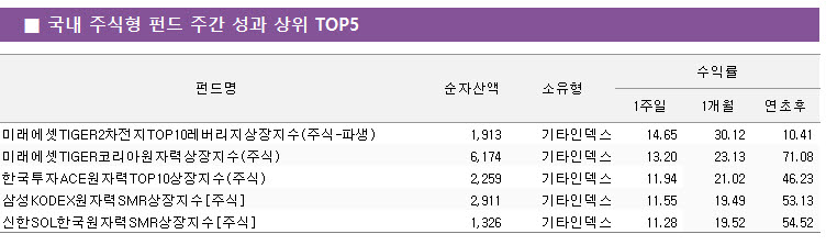 펀드평가사 KG제로인이 집계한 국내 주식형 펀드 주간 성과 상위 5개 상장지수펀드(ETF). (자료 제공=KG제로인)