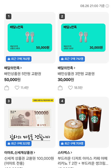 지난 26일 기준, 카카오 선물하기 교환권 선물 상위 랭킹 항목들(사진=박지애 기자)