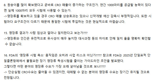원래 질문지엔 8~15번 질의 사이에 9번, 10번, 11번, 12번, 13번, 13-2번, 13-3번, 13-4번, 14번 등 9개 질문이 더 있었다. 하지만 오리엔트바이오 측은 CRO 수행범위와 통계·독성병리 역량, 질환모델 등에 관한 9개 문항을 회신 과정에서 통째로 삭제했다.