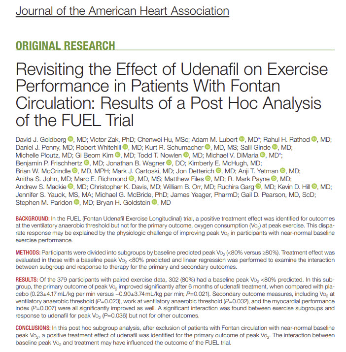 유데나필의 FUEL 임상 사후분석 결과를 담은 논문. 운동능력이 정상 예측치의 80% 미만인 폰탄 환자군에서 유의한 개선 효과가 확인됐다. (자료=Journal of the American Heart Association)