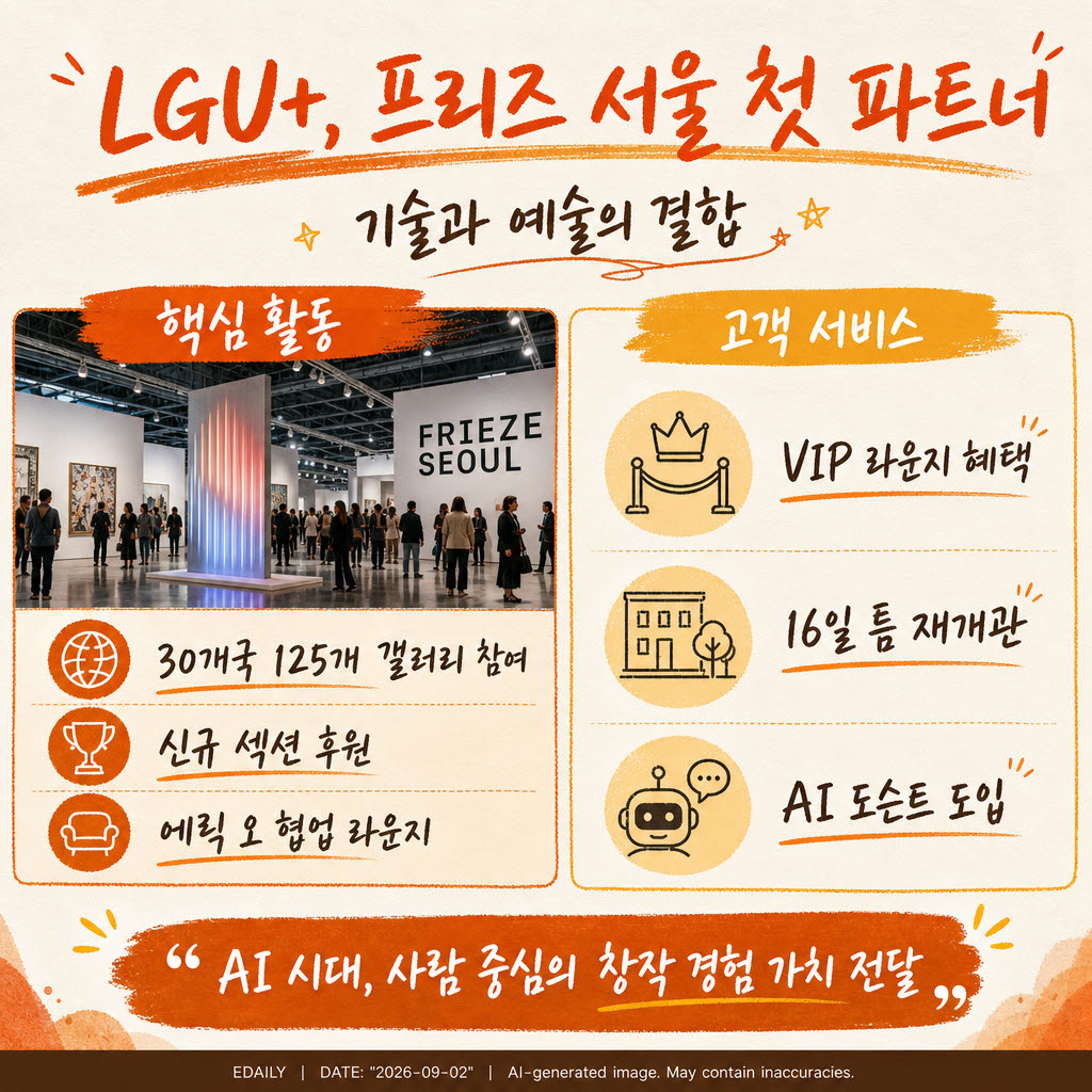 LGU+는 2일부터 5일까지 서울 강남구 코엑스에서 열리는 프리즈 서울 2026에서 신규 섹션 후원 및 고객 전용 라운지를 운영한다고 밝혔다.(사진=챗GPT)