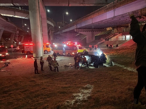 지난 2월 25일 검은색 포르쉐 차량이 반포대교를 주행하다가 난간을 뚫고 잠수교 인근 한강 둔치로 떨어진 모습. (사진=연합뉴스)