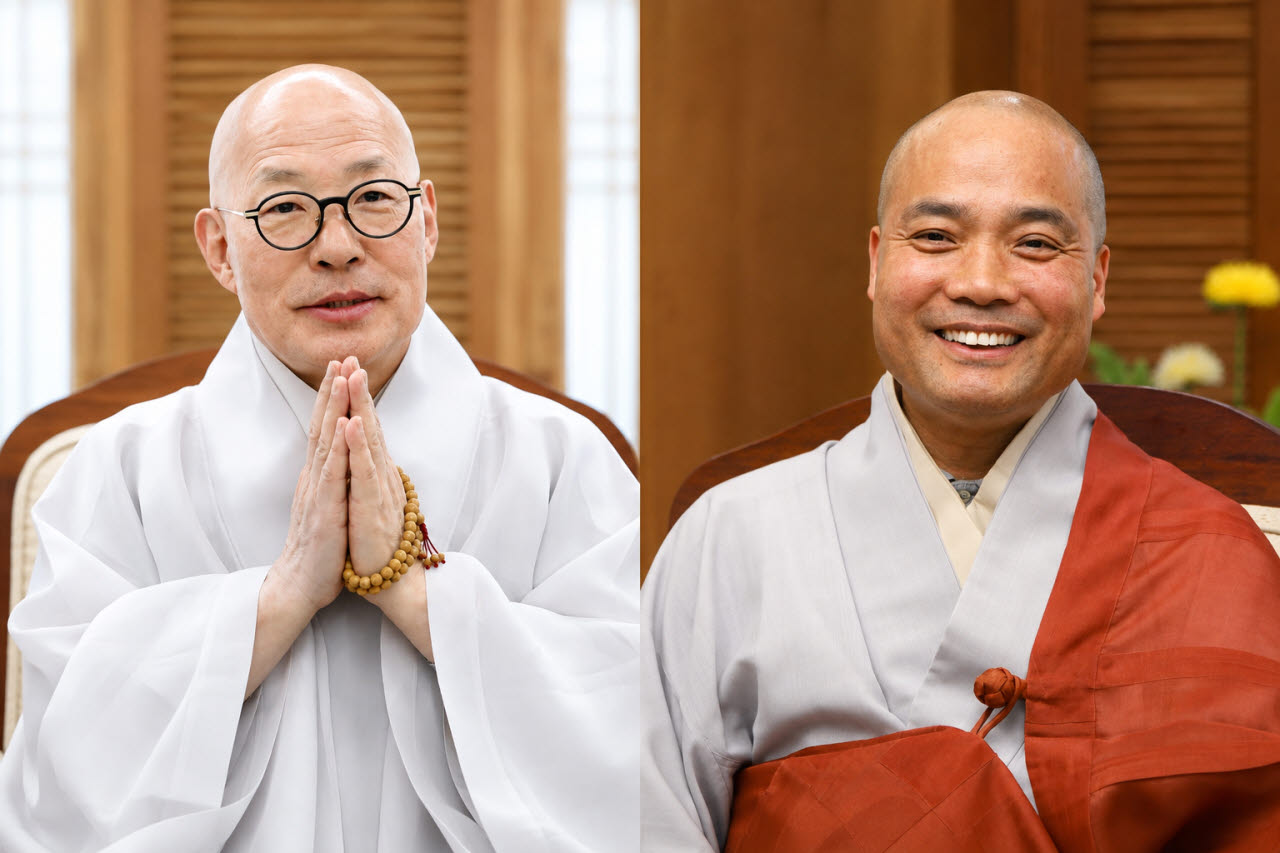 연임에 도전하는 진우 스님(왼쪽)과 총무원장에 도전장을 낸 경우 스님.