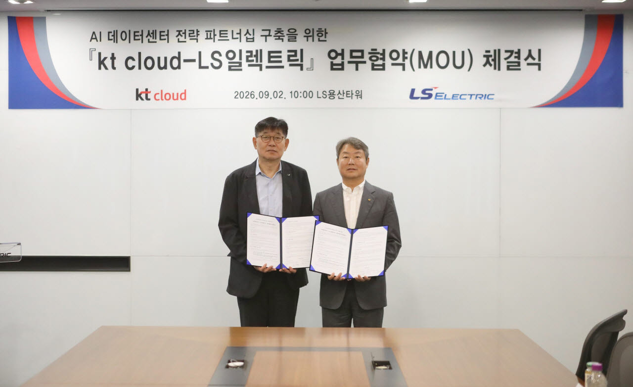 (왼쪽부터) 채대석 LS일렉트릭 대표, 김봉균 KT클라우드 대표가 MOU 체결 후 기념촬영을 하고 있다. (사진=LS일렉트릭)