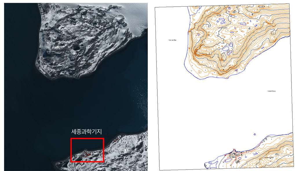 세종과학기지 주변 공간정보 구축 성과. 정사영상(왼쪽)과 수치지형도.(사진=국토지리정보원)