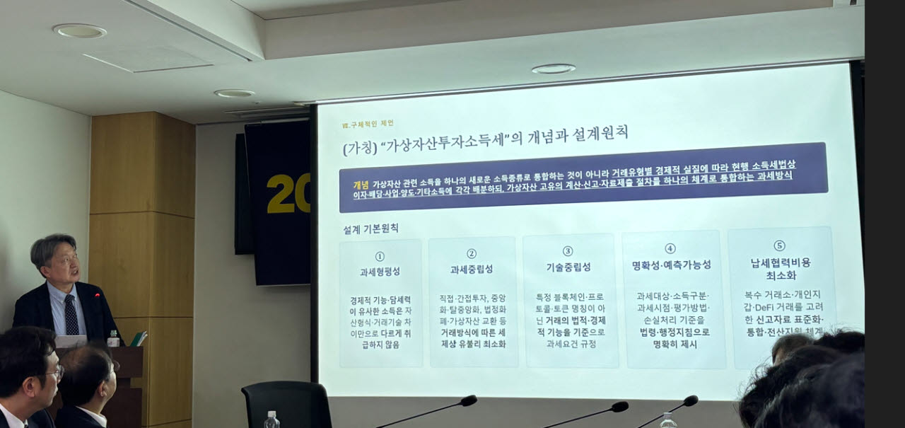 박종수 한국조세법학회장(고려대 법학전문대학원 교수)이 3일 여의도 국회에서 열린 문진석 더불어민주당 의원실 주최 '가상자산 과세 체계 점검 토론회'에서 주제 발표를 하고 있다. (사진=정윤영 기자)