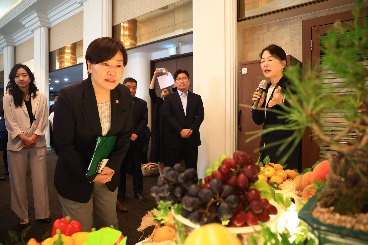 송미령 농림축산식품부 장관이 3일 서울 중구 한국프레스센터에서 열린 ‘제3차 민·관 합동 K-푸드+ 수출기획단’ 회의에 앞서 수출 농식품을 살펴보고 있다. (사진=농림축산식품부)