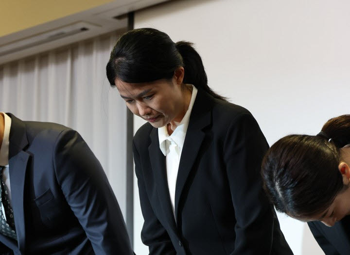 최주희 티빙 대표이사가 3일 서울 중구의 한 호텔에서 개인정보 유출 사고에 대해 사과하고 있다. (사진=연합)