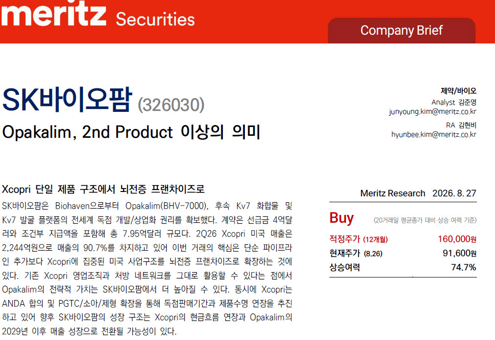 메리츠증권이 지난달 27일 내놓은 SK바이오팜 보고서. (제공=메리츠증권)