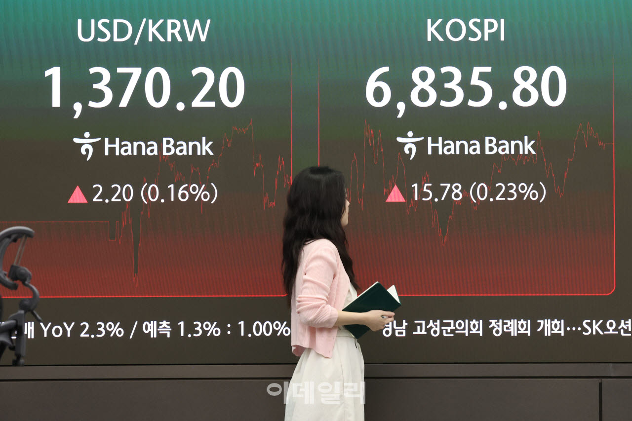 [이데일리 이영훈 기자] 서울 중구 하나은행 딜링에 전광판에 지수 종가 시황이 나타나고 있다.