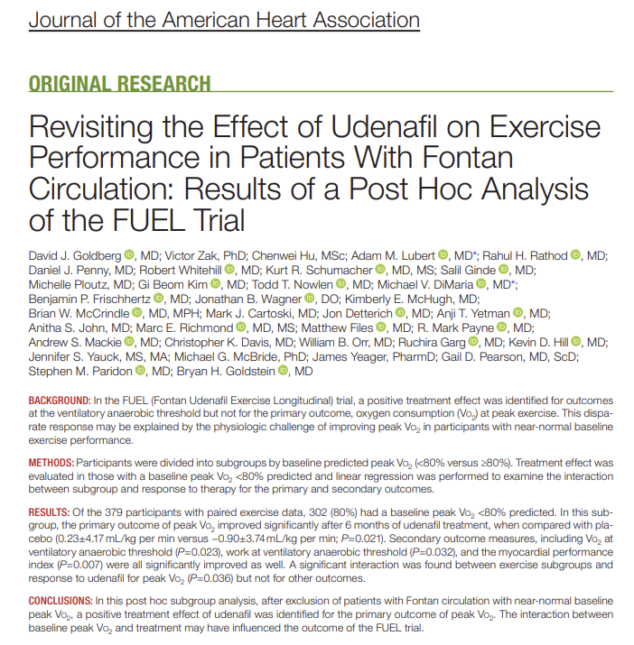 유데나필의 FUEL 임상 사후분석 결과를 담은 논문. 운동능력이 정상 예측치의 80% 미만인 폰탄 환자군에서 유의한 개선 효과가 확인됐다. (자료=Journal of the American Heart Association)