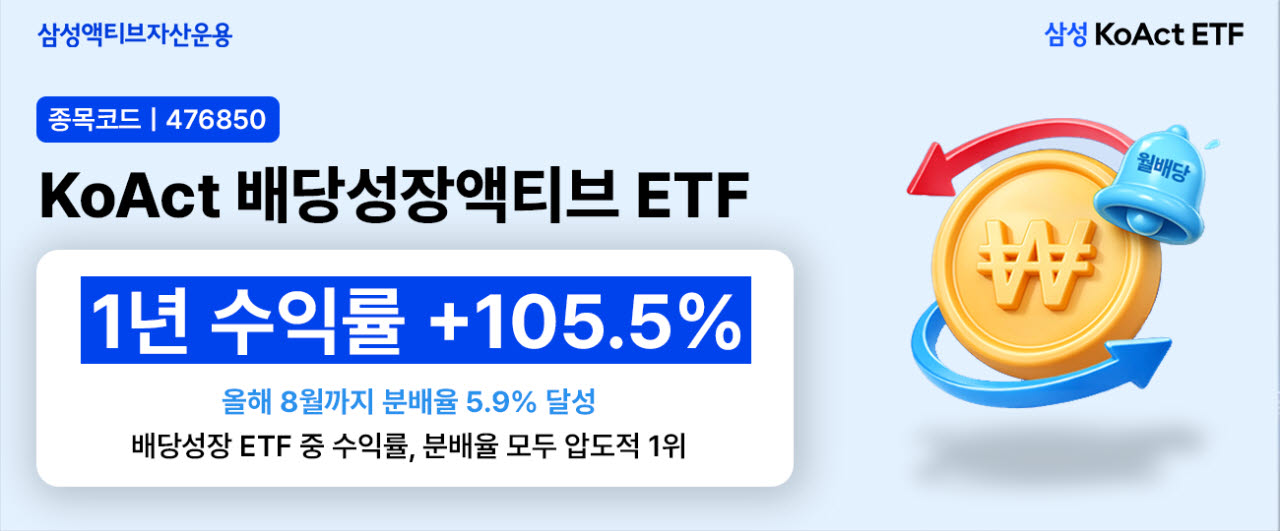 삼성액티브자산 KoAct 배당성장액티브, 배당성장 ETF 중 수익률·분배율 1위