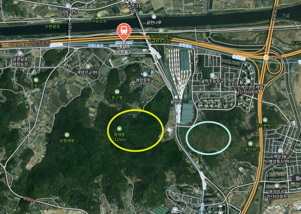 인천 계양구 탄약중대(노란색 동그라미 일대)와 보병여단(하늘색 동그라미 일대). (지도 = 네이버 캡처)