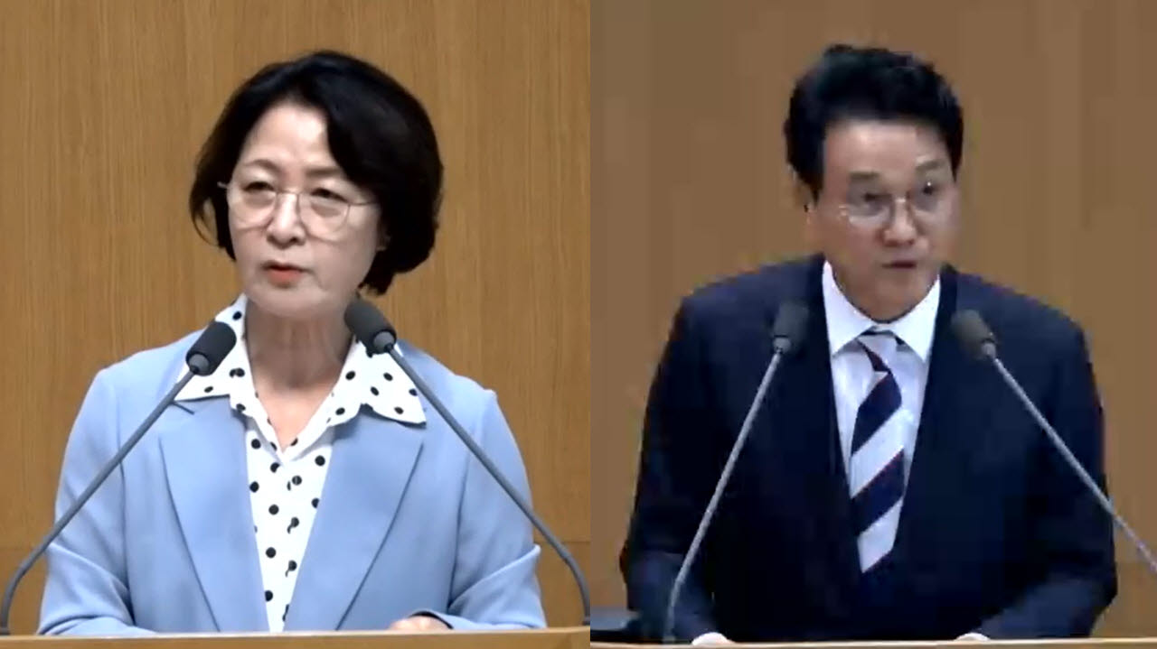 지난 3일 경기도의회 제393회 임시회 제3차 본회의에서 도정질문에 답변하고 있는 추미애 경기도지사와 안민석 경기도교육감.(사진=경기도의회 영상회의록 캡쳐)