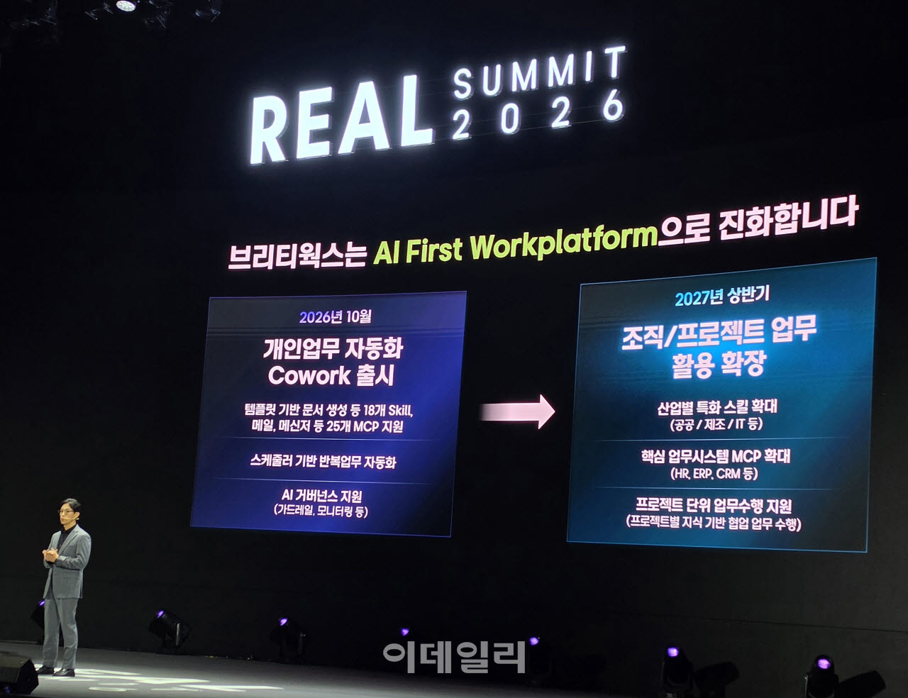 창성중 삼성SDS C&C사업팀장이 8일 서울 삼성동 코엑스에서 열린 '리얼 서밋 2026'에서 '브리티웍스 코워크(Brity Works Cowork)'에 대해 설명하고 있다. (사진=한광범 기자)