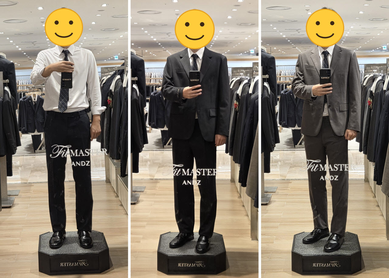 앤드지 핏마스터 서비스를 통해 서로 다른 수트핏을 착용한 모습. 핏에 따라 어깨선과 재킷·팬츠 실루엣 등에 차이가 나타난다. (사진=한전진 기자)
