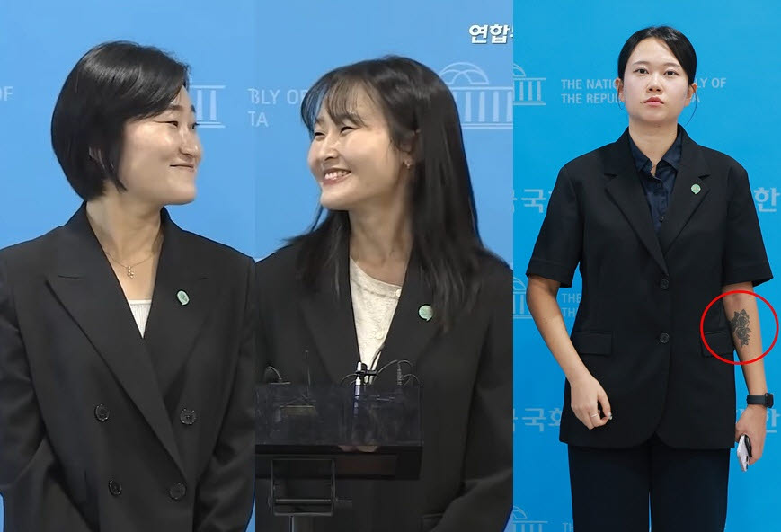 신지혜(왼쪽부터) 기본소득당 대변인, 노서영 대변인, 김진서 부대변인.(사진=연합뉴스TV, 연합뉴스)
