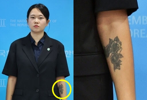 지난 7일 기본소득당이 서울 여의도 국회 소통관에서 가진 기자회견에서 김진서 청년최고위원 겸 부대변인이 팔에 문신을 그대로 노출해 갑론을박이 이어지고 있다. (사진=뉴시스)