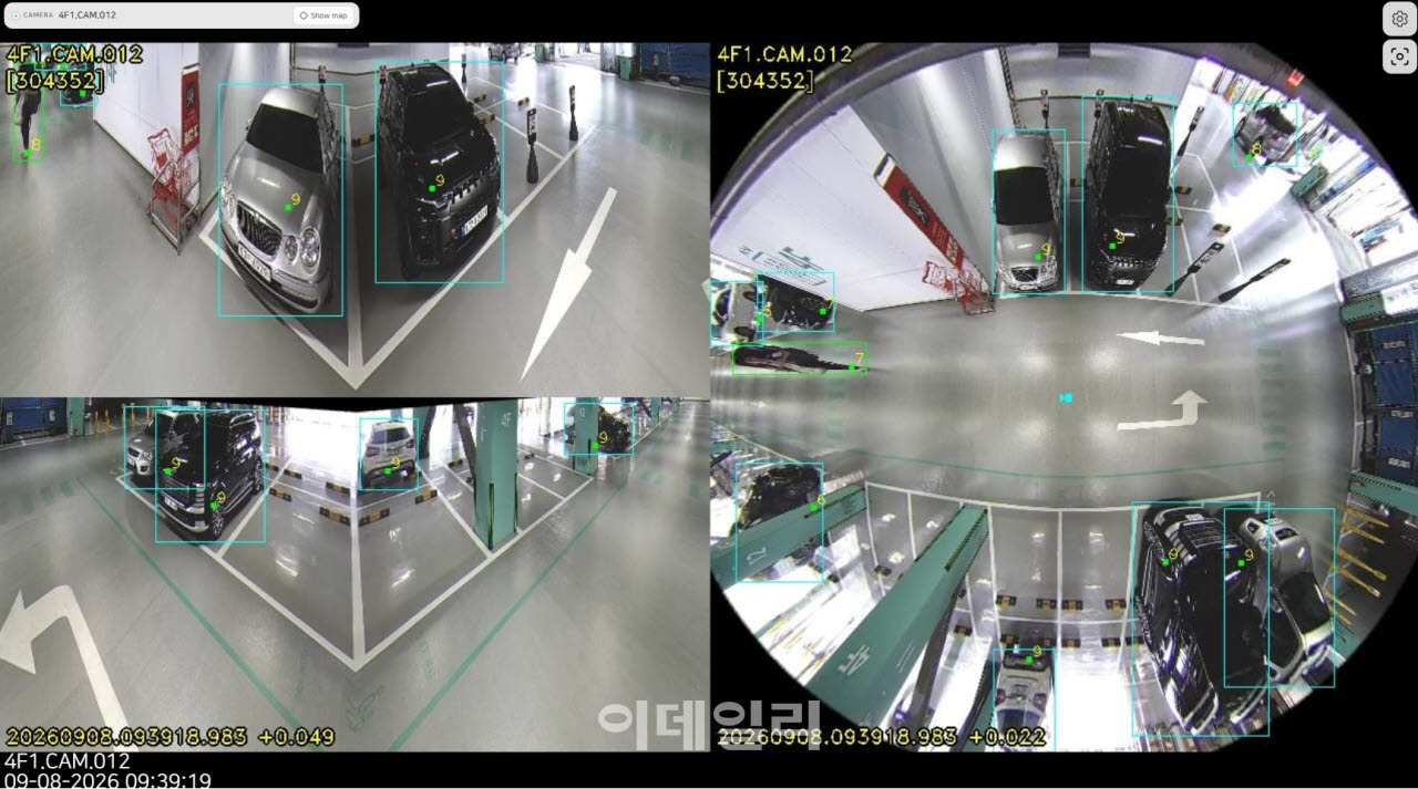 Ai-PAS의 360도 어안카메라로 서울역 4층 주차장 객체를 인식하고 있는 화면(사진=휴맥스모빌리티)