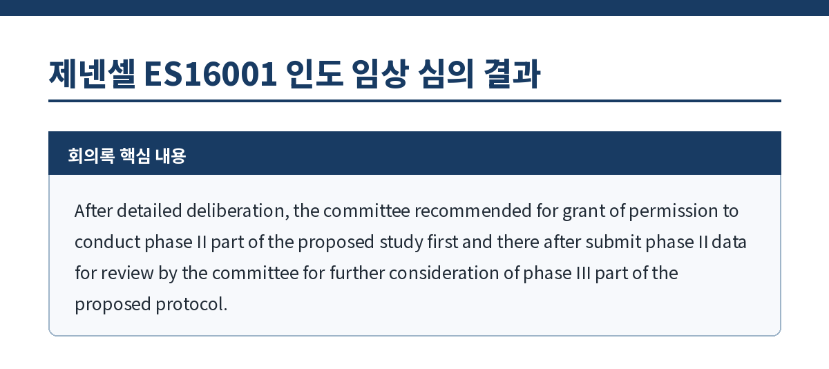 CDSCO 코로나19 전문가위원회(SEC) 회의록에 적힌 ES16001에 대한 원문 일부. 