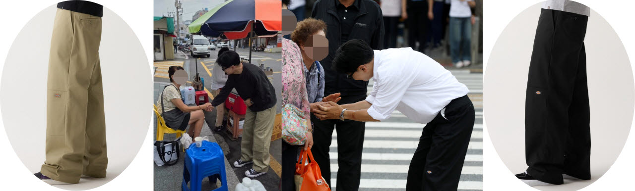 한동훈 무소속 부산 북구갑 국회의원이 지역구민들과 인사를 하고 있다. 디키즈 바지 제품을 착용한 모습. (사진=한동훈 인스타그램·뉴스1·디키즈 홈페이지 캡처)