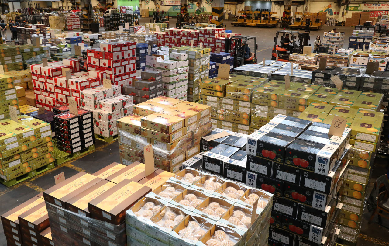 [이데일리 김태형 기자] 추석을 앞두고 10일 서울 송파구 가락공판장에 과일들이 출하를 기다리고 있다.