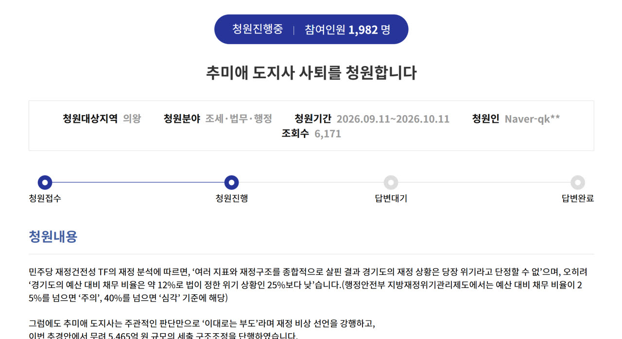 경기도청원 게시판에 올라온 추미애 경기도지사 사퇴 청원. (사진= 경기도 청원 게시판)