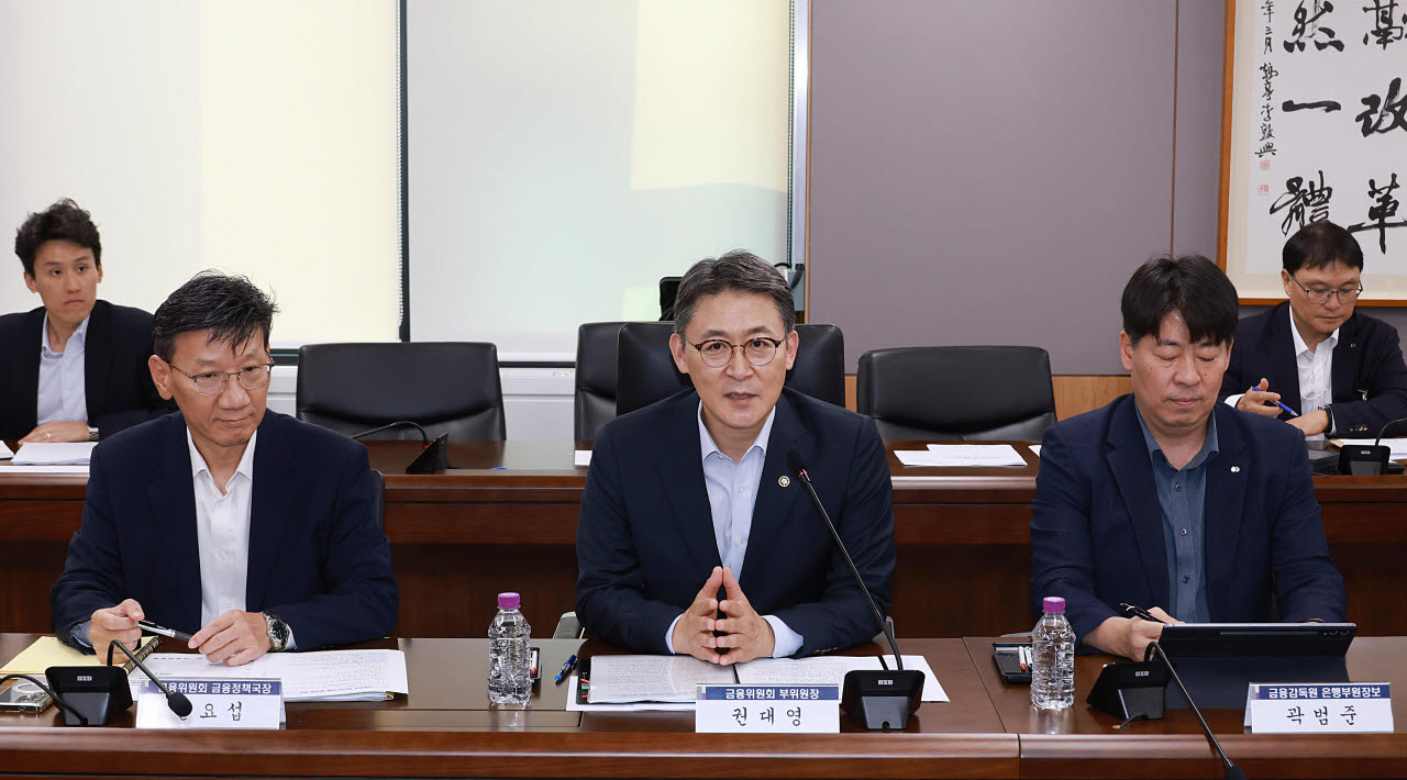 권대영 금융위원회 부위원장(가운데)이 지난 14일 오후 서울 종로구 정부서울청사에서 '금융업권 생산적 금융협의체' 5차 회의를 주재하고 있다.