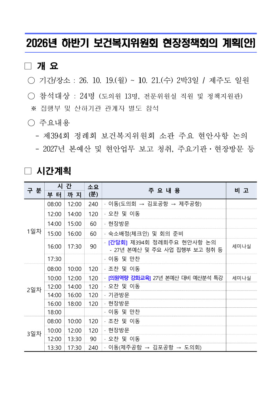 경기도의회 보건복지위원회가 경기도청 소관 부서와 산하기관 등에 공지한 하반기 현장정책회의 계획안. 2박 3일 일정 중 현장방문과 기관방문 계획은 명시돼 있지 않다.(사진=독자제공)
