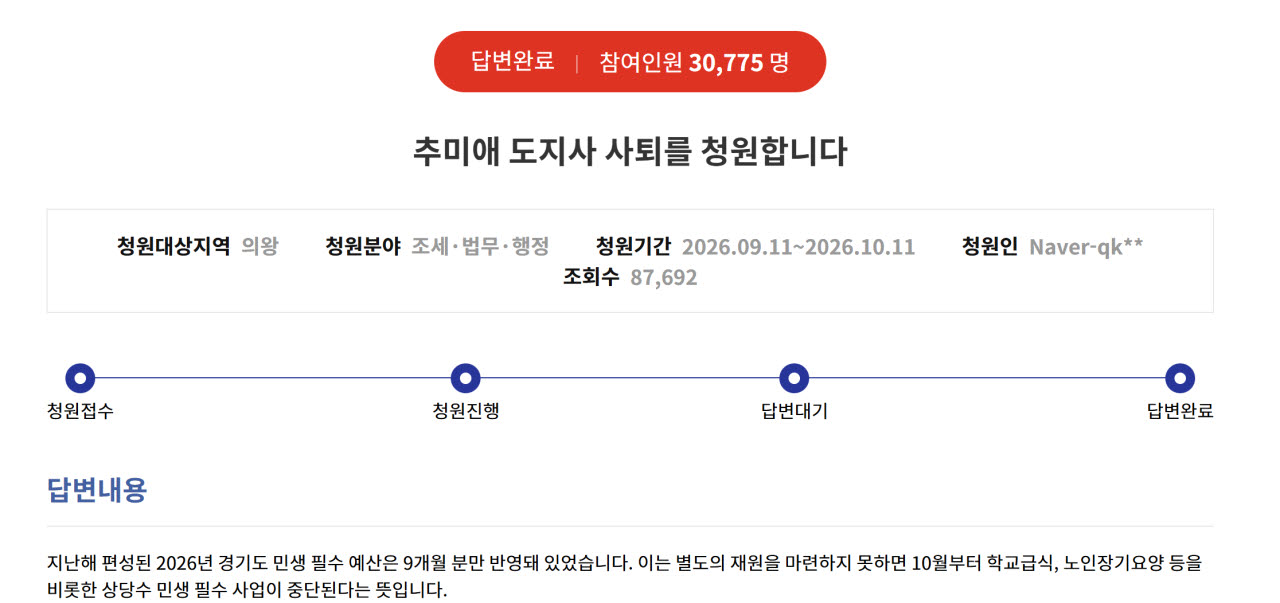 15일 오전 동의인원 3만 775명에서 공식답변 완료로 중단된 '추미애 도지사 사퇴' 경기도청원.(사진=경기도청원 홈페이지 캡쳐)