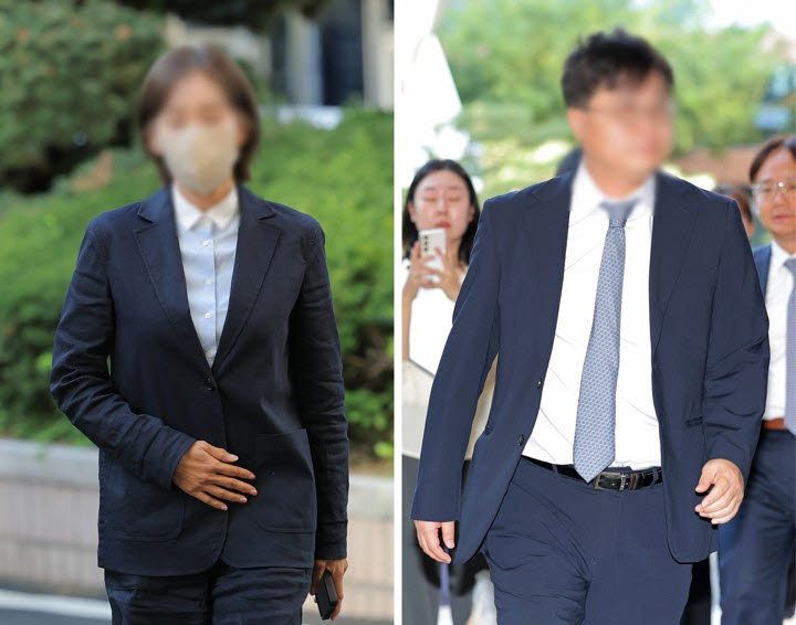 김승원 법무부 장관 후보자에게 '신약 청탁'을 했다는 의혹을 받는 브로커 양 모 씨(왼쪽)와 의혹의 핵심 인물인 제넨셀 설립자 강세찬 씨가 15일 서울 마포구 서울서부지방법원에서 열린 뇌물공여 혐의 공판기일에 출석하고 있다.(사진= 연합뉴스)