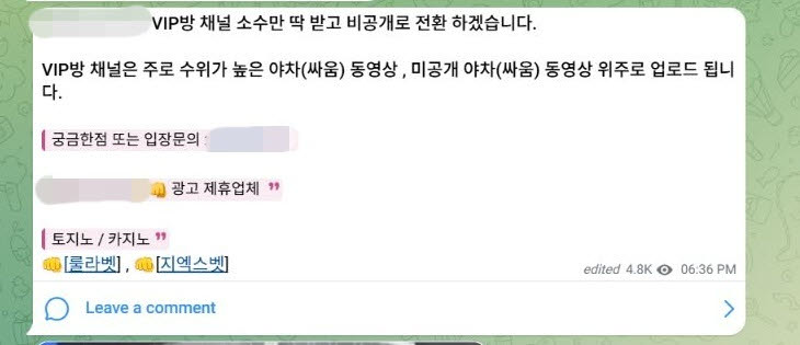 텔레그램 채널 ‘야차의 모든 것’이 지난 8월 12일 VIP방에 ‘수위가 높은 야차(싸움) 동영상’과 ‘미공개 야차(싸움) 동영상’을 올린다고 안내한 게시물. 하단에는 채널의 ‘광고 제휴업체’라며 카지노·스포츠베팅 사이트 링크를 함께 게시했다. (사진=텔레그램 갈무리)