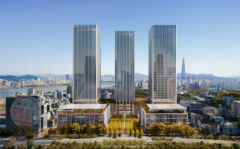 현대자동차그룹이 서울 강남구 삼성동 옛 한전 부지에 조성할 글로벌비즈니스콤플렉스(GBC) 조감도. 지난 10년 간 몇 차례의 설계 변경을 거쳐 현재 최고 242m·49층 타워 3개동으로 구성됐다. (사진=서울시)