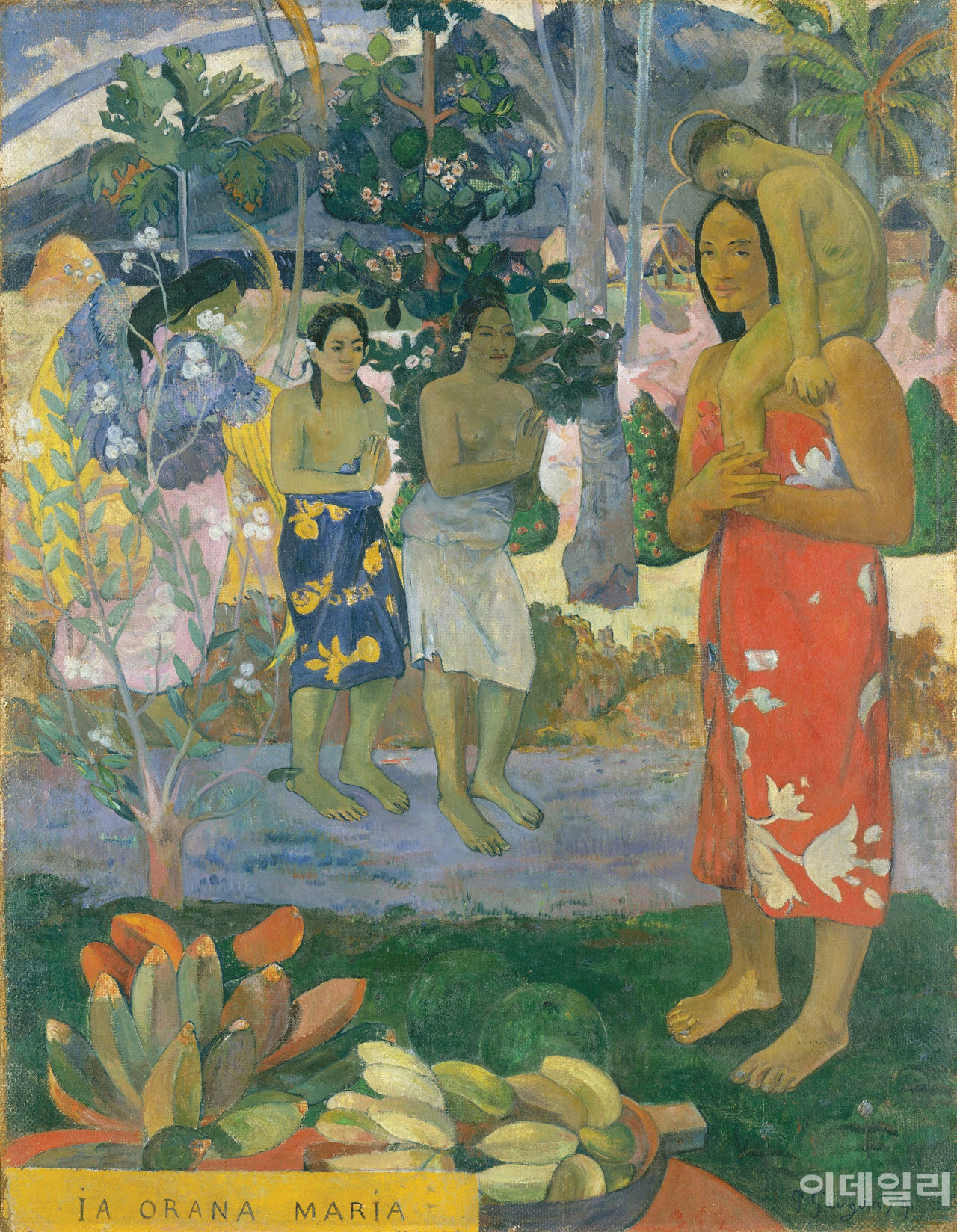 폴 고갱의 ‘이아 오라나 마리아’(1891). 타히티 시기를 대표하는 ‘종교·문화혼합주의’ 같은 작품이다. ‘마리아여, 평안하소서’라는 뜻의 타이틀 아래 갈색 피부의 인물로 성모자상을 그렸다. 성스러움은 인종이나 문명에 갇히지 않는다는 ‘메시지’가 읽히지만, 한편으론 파리의 미술시장을 인식한 ‘계산’도 보인다. 유럽인이라면 한눈에 알아볼 성모자상 구도로 접점을 만들었다. 캔버스에 유채, 116.7×87.6㎝. 메트로폴리탄미술관(미국 뉴욕) 소장.
