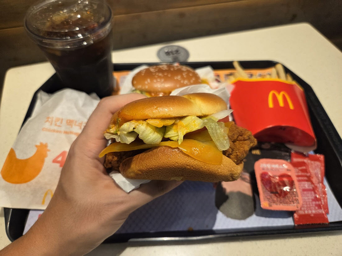 맥도날드 매장에서 맛본 ‘맥크리스피 고추장 버터’. 포테이토 브리오쉬번 사이에 통닭다리살 케이준 패티와 콜비잭 치즈, 양상추 등이 들어 있다. (사진=한전진 기자)
