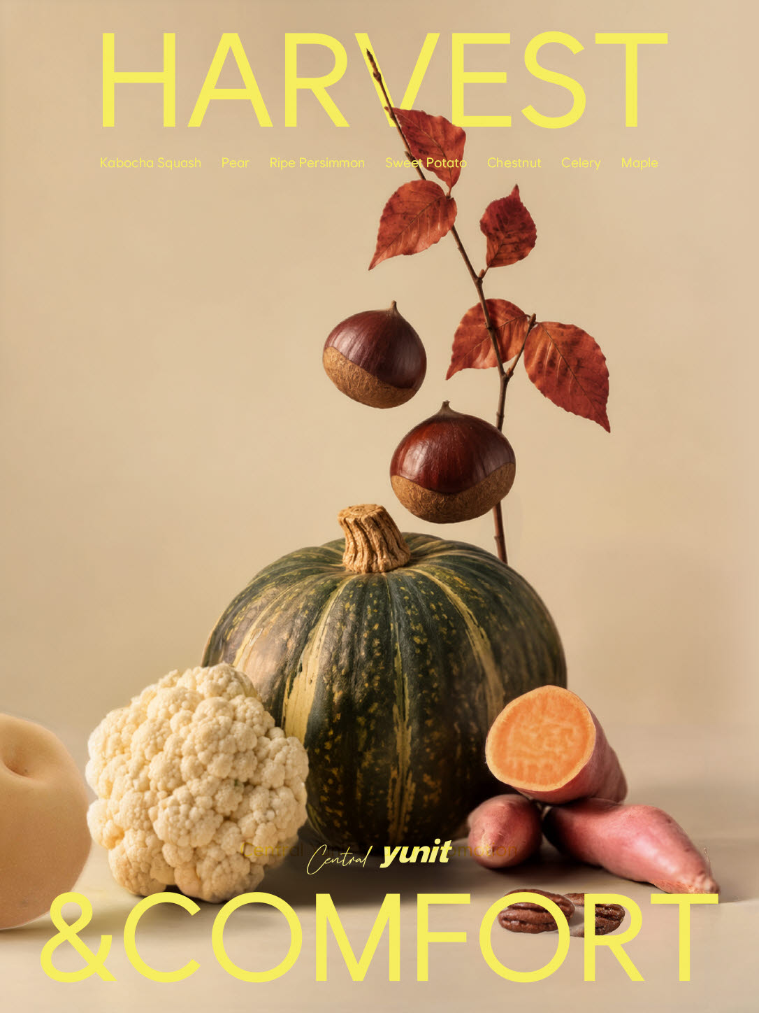 센트럴 윤잇 국립극장점 가을·겨울 시즌 다이닝 ‘HARVEST&COMFORT’의 콘셉트 이미지. 단호박·밤·배·고구마 등 제철 식재료를 통해 수확의 풍요로움과 편안한 한 끼를 표현했다. (사진=SB성보)