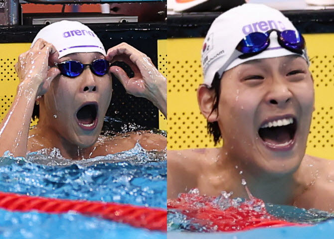 21일 도쿄 아쿠아틱스 센터에서 열린 2026 아이치·나고야 아시안게임 수영 남자 50m 자유형 예선. 한국 김영범이 대회 신기록을 세운 후 기뻐하고 있다.(사진=연합뉴스)