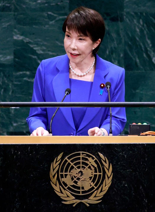22일(현지시간) 다카이치 사나에 일본 총리가 유엔총회 일반토의 연설을 하고 있다.(사진=AFP)