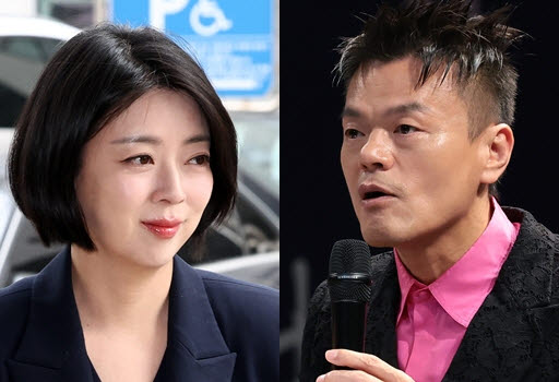 배현진 국민의힘 의원(왼쪽)과 JYP 엔터테인먼트 수장이자 이재명 대통령 직속 기구인 대중문화교류위원회 공동위원장인 박진영 씨 (사진=뉴스1)