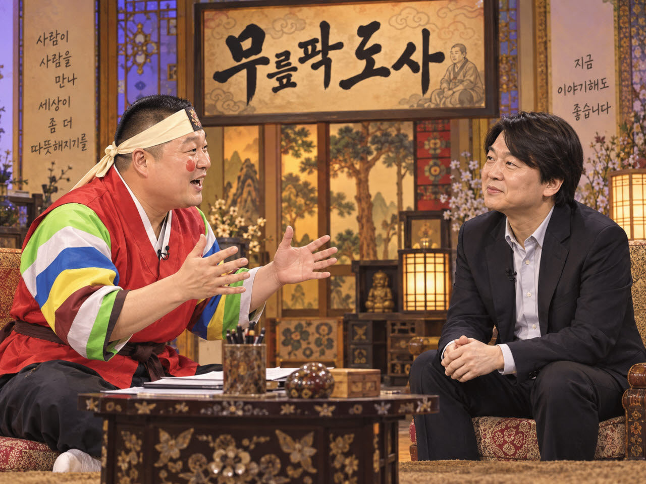 무릎팍도사에 나왔을 당시 강호동과 안철수(사진 오른쪽). AI 생성 이미지