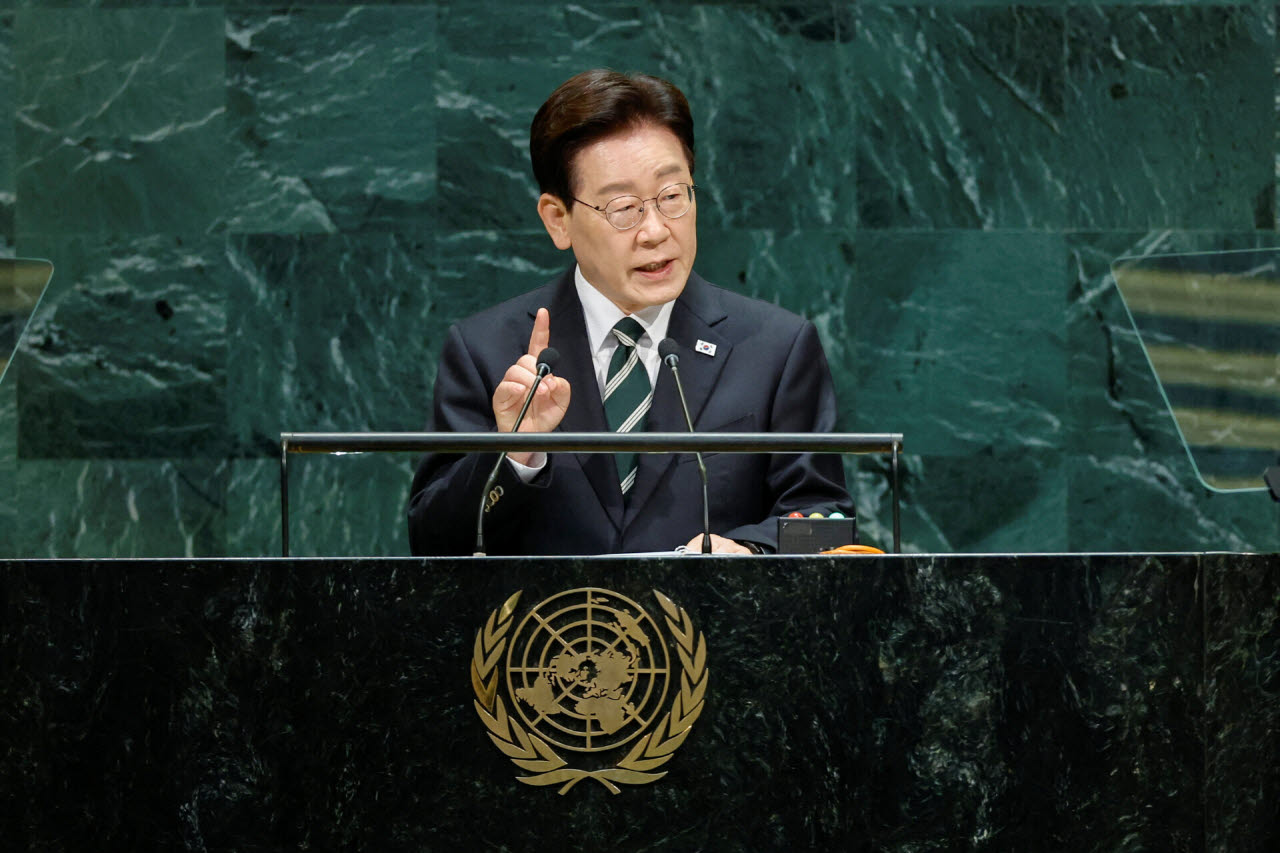이재명 대통령이 지난 22일(현지시간) 미국 뉴욕 유엔본부에서 열린 제81차 유엔총회에서 연설하고 있다. (사진=로이터)