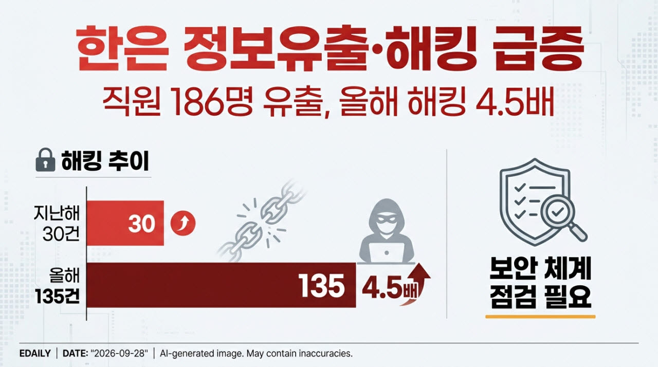 한은 직원 186명 개인정보 유출…올해 해킹 시도도 4.5배 급증