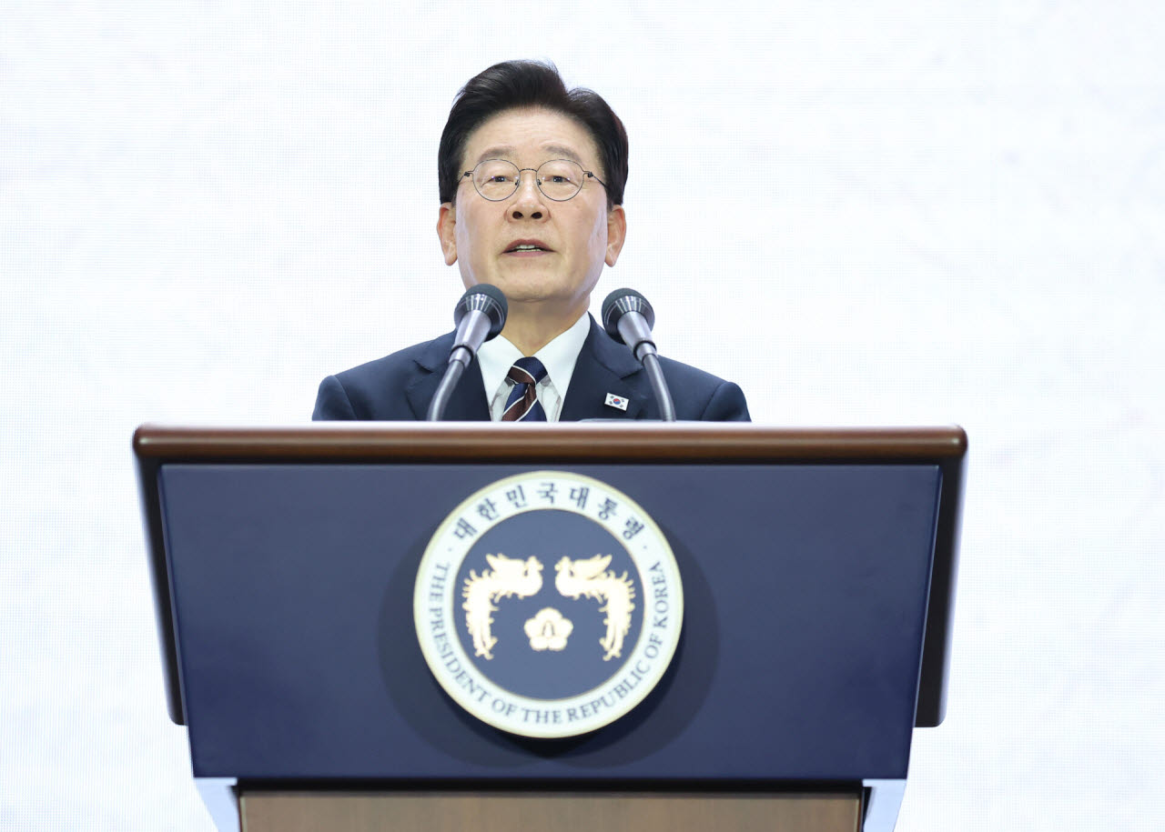 이재명 대통령이 28일 인천 송도컨벤시아에서 열린 제20회 세계한인의 날 기념식에서 기념사를 하고 있다.(사진=뉴스1)
