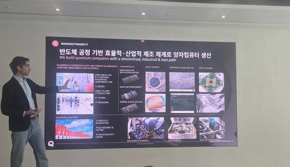 니콜로 소마스키 콴델라 CEO가 반도체 공정 기반의 양자컴퓨터 생산 전략에 대해 설명하고 있다. 사진=이데일리 김현아 기자