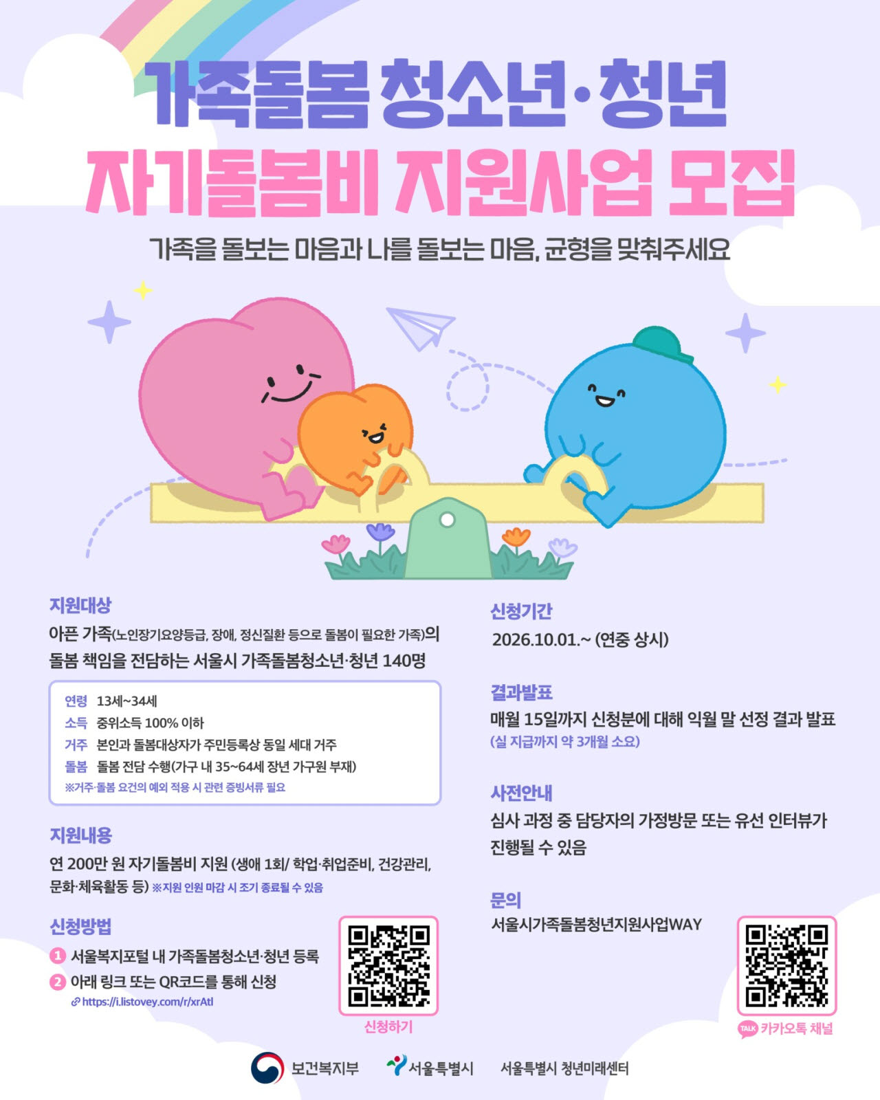 서울시 가족돌봄 청소년 및 청년 자기돌봄비 지원사업 포스터(사진=서울시)