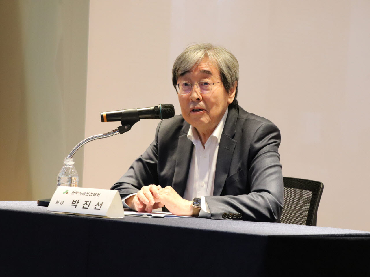 박진선 한국식품산업협회장이 29일 취임 1주년을 맞아 열린 기자간담회에서 발언하고 있다. (사진제공=한국식품산업협회장)