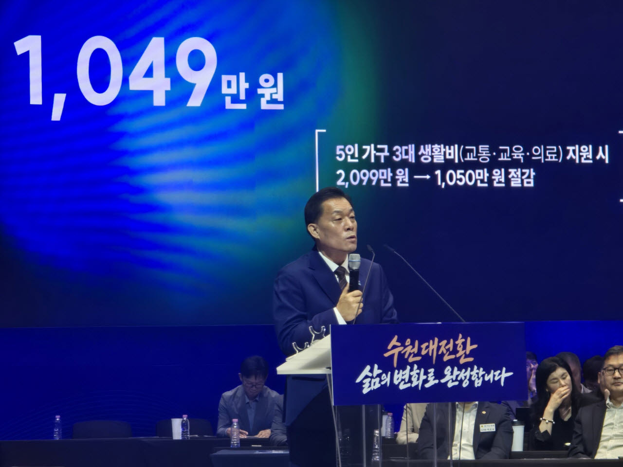 이재준 수원특례시장이 1일 수원컨벤션센터에서 '민선 9기 수원대전환 비전 보고회'를 열고 반값 생활비와 채무제로 등 시정 주요 계획을 설명하고 있다.(사진=황영민 기자)