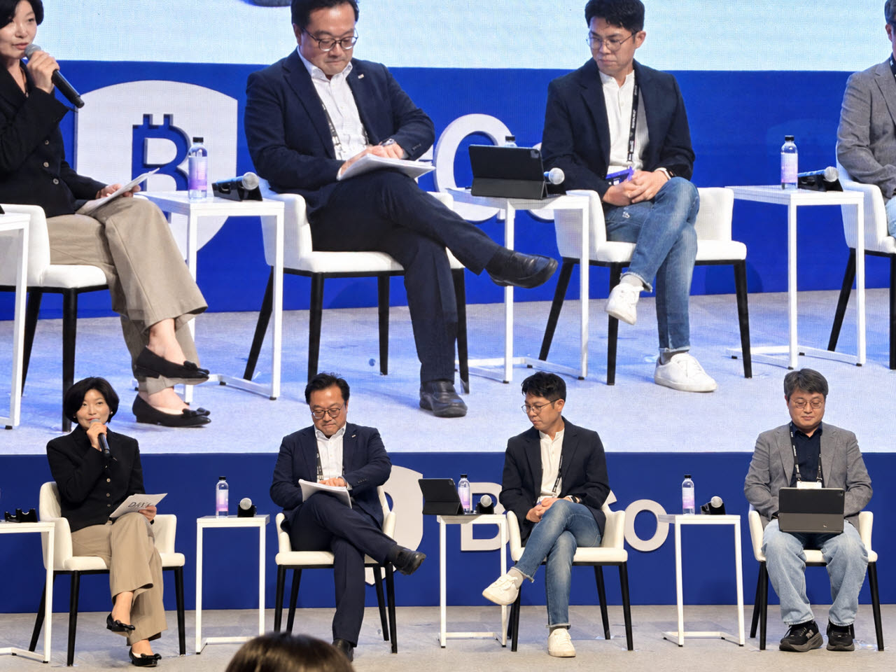 (왼쪽부터)김재진 닥사 상임부회장과 진명구 디지털엑스 대외정책본부장, 황순호 두나무 대외협력실 이사, 강민규 코인원 대외협력본부 이사 (사진=정윤영 기자)